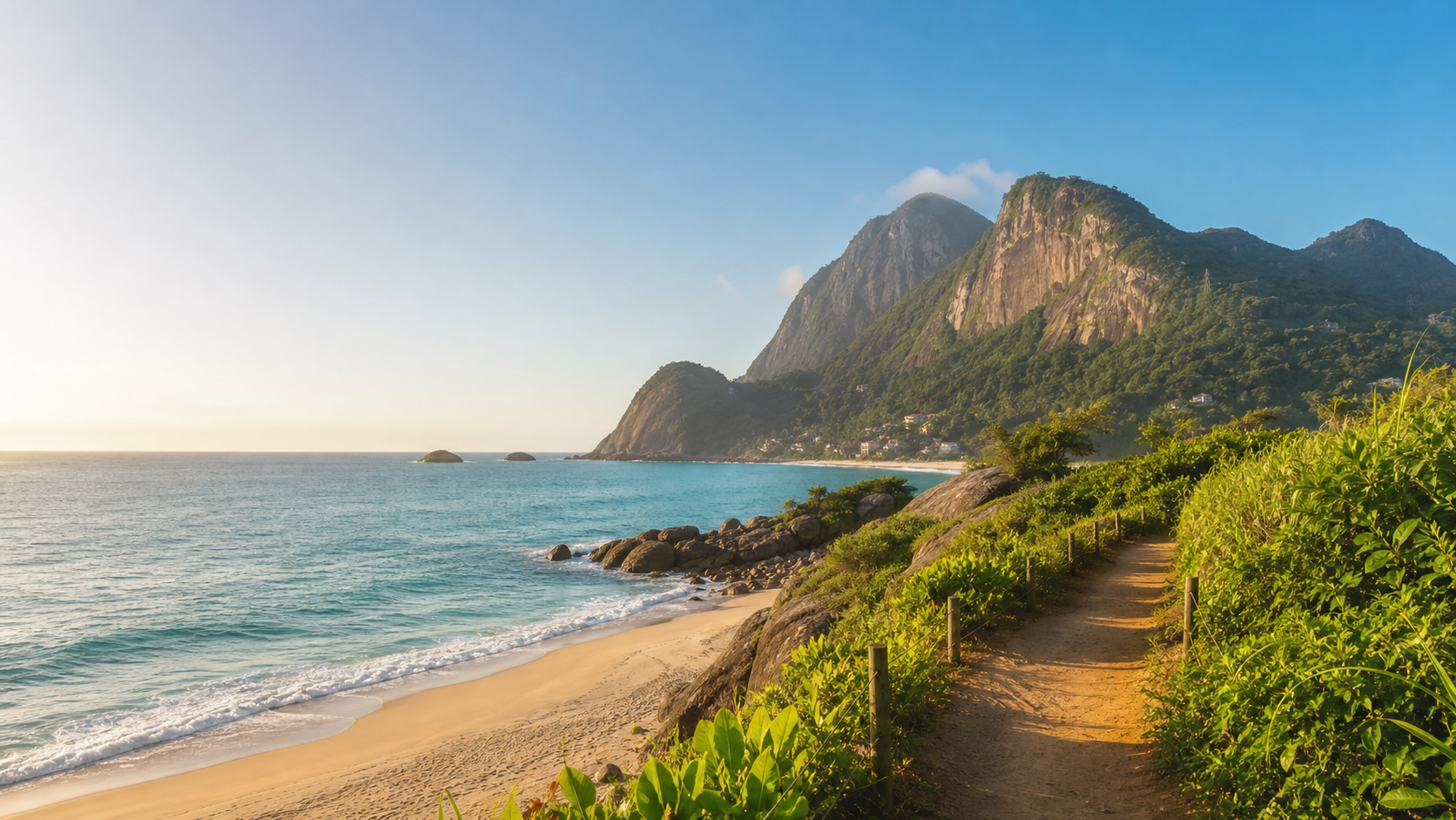 Sunny Brazilian coastline with green mountains and blue ocean